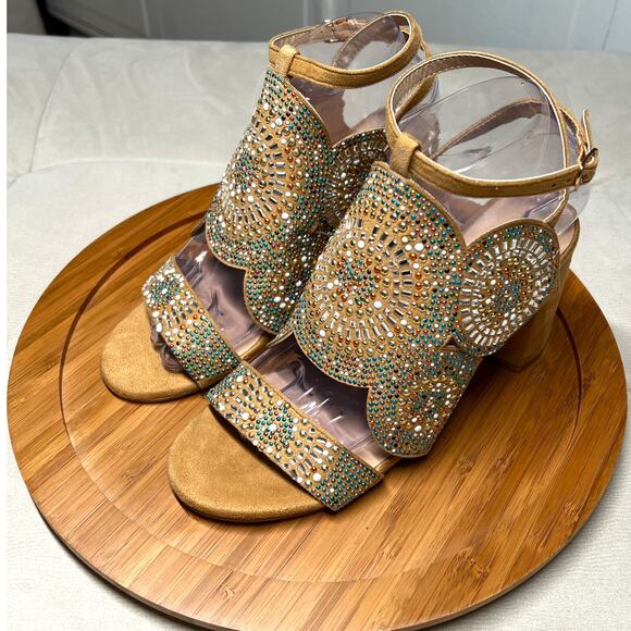 VENUS Womens 8 Tan Embellished Beaded Sandals Ankle Strap Block Heel - Picture 6 of 15